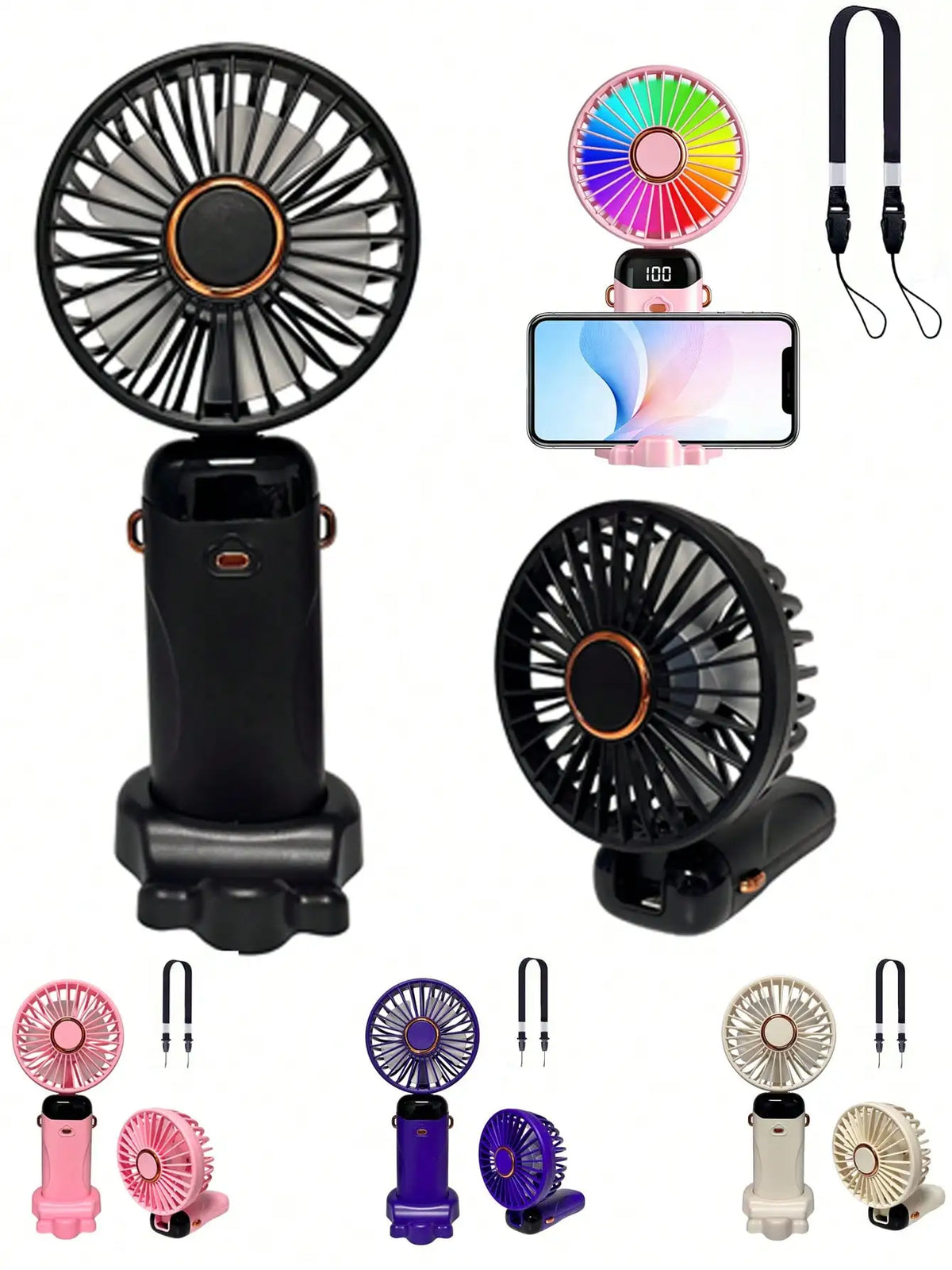 Ventilador eléctrico portátil mini, ventilador portátil recargable por USB, ventilador para colgar al cuello, ventilador USB, 5 velocidades, con pantalla digital y cordón, ventilador de maquillaje para mujeres, adecuado para escritorio de oficina.