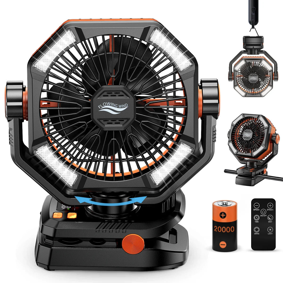 Ventilador recargable con batería de 20.000 mAh, luz LED de 4 niveles y 8 velocidades; ventilador portátil de mesa.