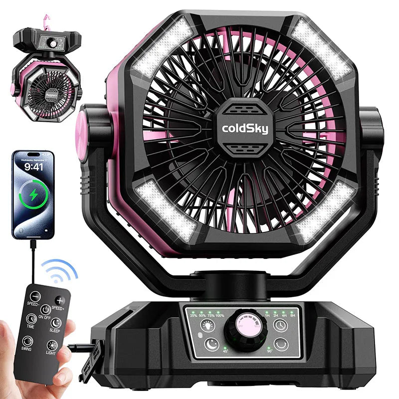 Ventilador recargable con batería de 20.000 mAh, luz LED de 4 niveles y 8 velocidades; ventilador portátil de mesa.