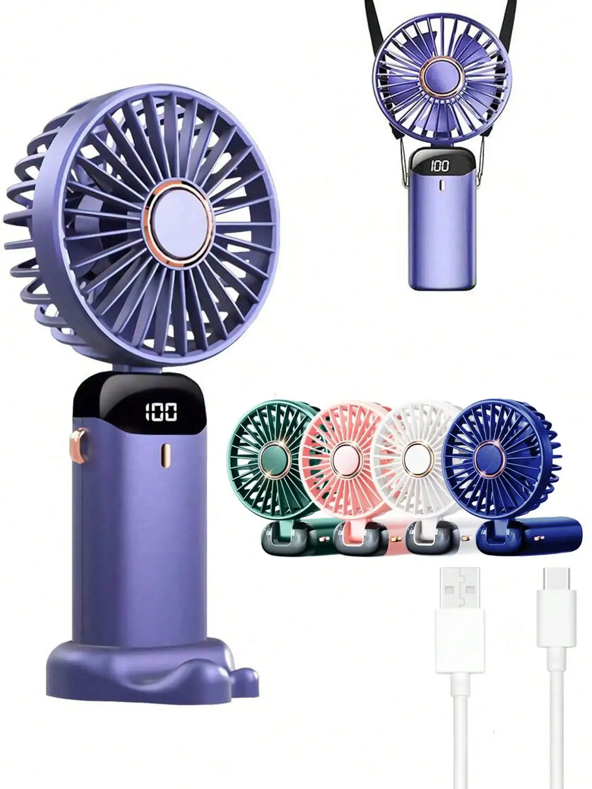 Ventilador eléctrico portátil mini, ventilador portátil recargable por USB, ventilador para colgar al cuello, ventilador USB, 5 velocidades, con pantalla digital y cordón, ventilador de maquillaje para mujeres, adecuado para escritorio de oficina.
