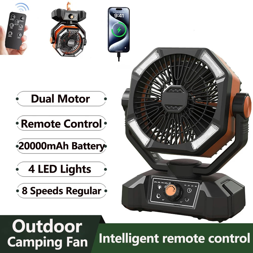 Ventilador recargable con batería de 20.000 mAh, luz LED de 4 niveles y 8 velocidades; ventilador portátil de mesa.