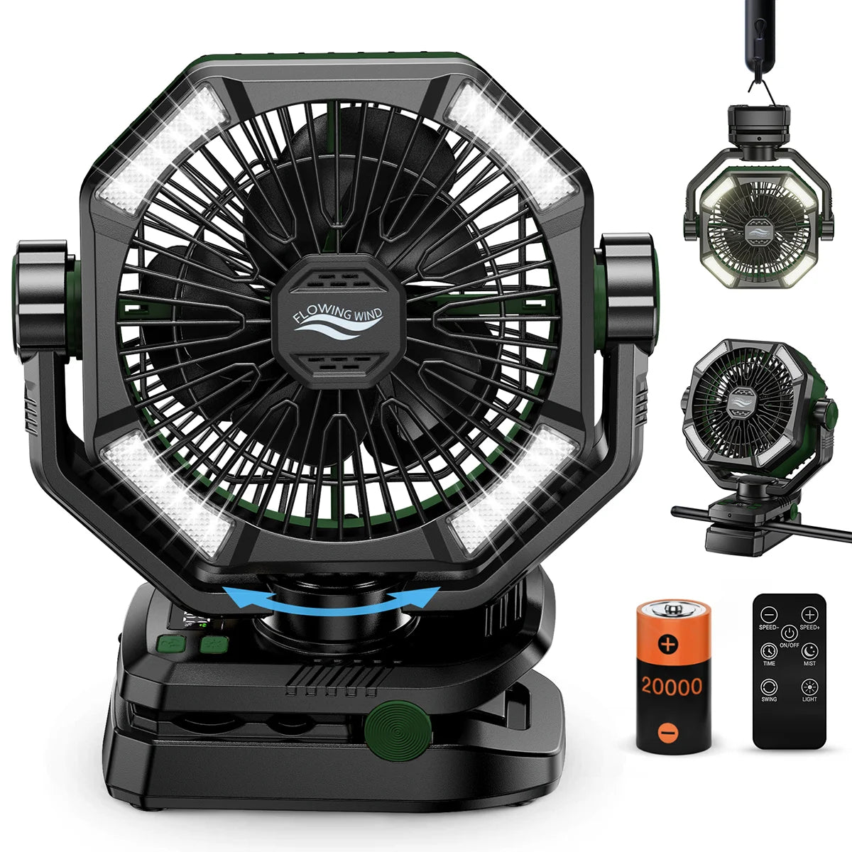Ventilador recargable con batería de 20.000 mAh, luz LED de 4 niveles y 8 velocidades; ventilador portátil de mesa.