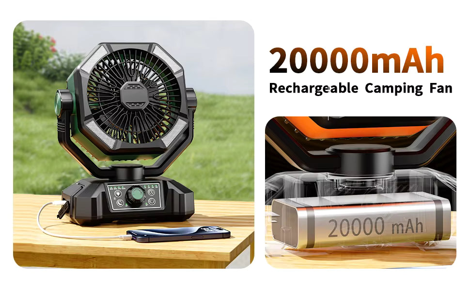 Ventilador recargable con batería de 20.000 mAh, luz LED de 4 niveles y 8 velocidades; ventilador portátil de mesa.